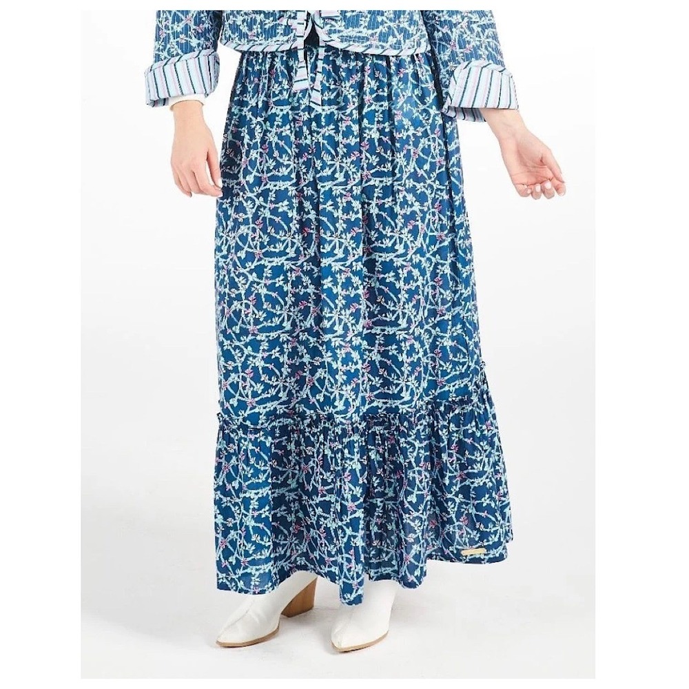 Simply Southern Skirt Womens L Blue Floral Maxi Tiered Ruffle Cotton NWT Pockets
